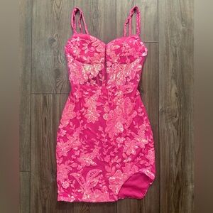 Hot Pink Sequin Lace Bodycon Mini Dress Size 2 Cutout Back Adjustable NWOT